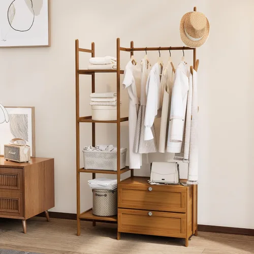 Miniatura 12 de Perchero de Ropa de Bambú, Perchero con Cajones y Estantes, Estantes de Almacenamiento de 5 Niveles con 6 Ganchos para Colgar, Armario Closet
