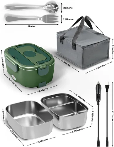 Miniatura 7 de Lonchera eléctrica para adultos, lonchera de 80 W con doble contenedor de acero inoxidable de 1.5 L, calentador de alimentos portátil con bolsa