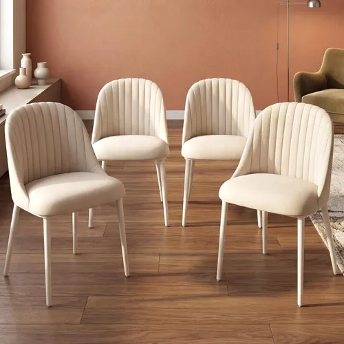 Juego de 4 sillas de comedor modernas tapizadas color beige, ergonómicas con respaldo curvado, cojín suave, patas estables, cocina, comedor, sala de