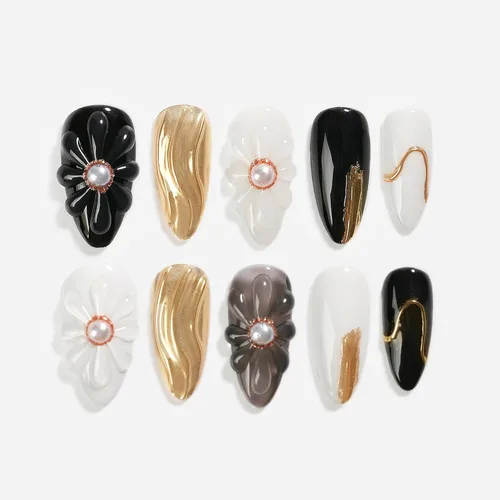 Miniatura 37 de Sun&Beam Nails Uñas a presión hechas a mano medianas con diseño de concha rosa metálica con acabado brillante, 10 piezas para uso diario y ocasiones