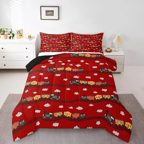 Miniatura 8 de Erosebridal Juego de edredón de tren de locomotora para niños, tamaño individual, lindo juego de ropa de cama con motor de vapor para niños y niñas