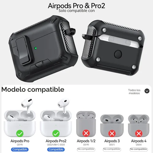 Miniatura 2 de Funda para AirPods Pro 2 (2023/2022/2019) con soporte para teléfono, (con interruptor a presión automático), diseño de fibra de carbono, cubierta
