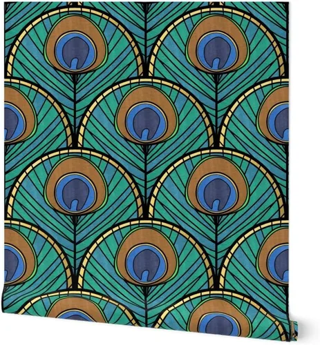 Spoonflower Despegar y pegar papel pintado Swatch – Patrón de abanico Art Deco de pavo real pluma azul verde 1920 inspirado vintage dorado estampado