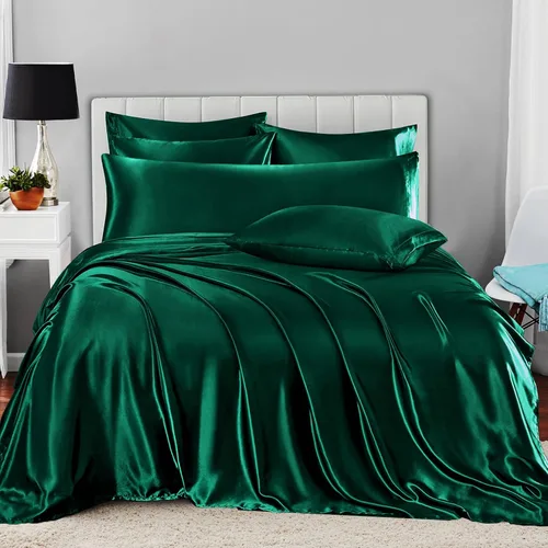 Miniatura 2 de Homiest Juego de sábanas de satén, tamaño matrimonial, 7 piezas de ropa de cama de satén en verde negruzco, sábana bajera de bolsillo profundo