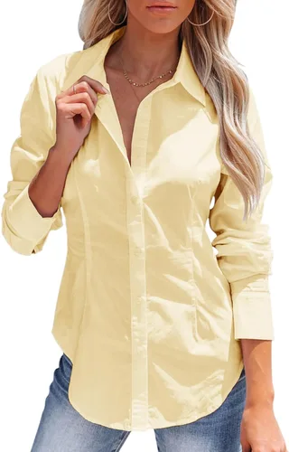 Miniatura 9 de Camisas con botones para mujer, camisas de vestir de manga larga, sin arrugas, cuello para el trabajo, oficina, blusas sólidas, blusas ajustadas