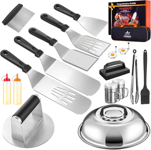 Accesorios de plancha para Blackstone con prensa para hamburguesas aplastadas, kit de accesorios de plancha de 19 piezas para Hibachi, espátula de