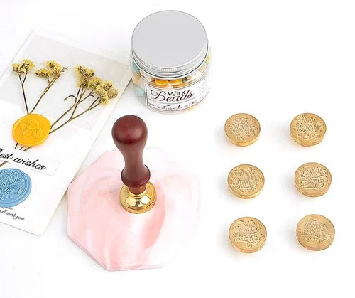 Miniatura 2 de Juego de sellos de cera de cobre, 6 sellos de cera, 1 mango de madera, kit de sellos de cera de sellado clásico, frases de felicitación
