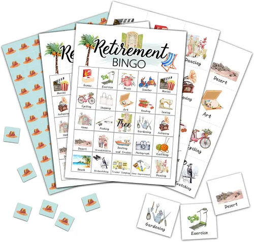 Tarjetas de bingo de jubilación, juego de jubilación para 24 jugadores, actividades de oficina para familiares y amigos, suministros de regalos de
