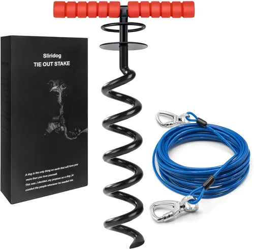 Cable de amarre y estaca para perros grandes, estaca de amarre y anclaje de cable para perros de hasta 200 libras, para patio, playa, exterior Negro