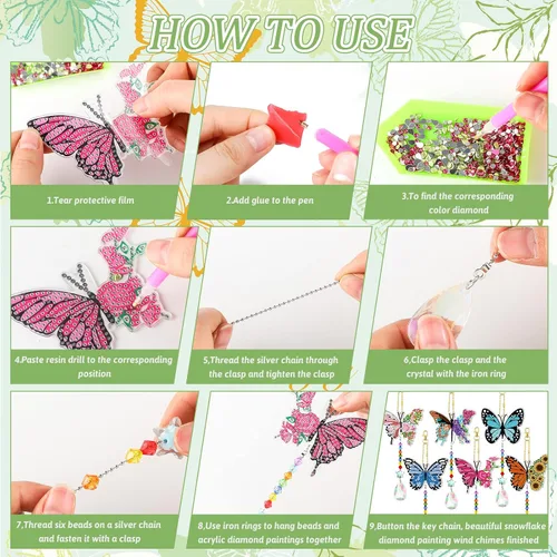 Miniatura 5 de Tradder Juego de 6 carillones de viento con diseño de diamantes de mariposa, decoración de árbol de verano, adornos de pintura de diamante 5D