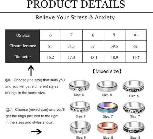 Miniatura 2 de DICOINA 9Pcs Stainless Steel Fidget Rings for Women Men Spinner Anxiety Rings Moon Star Matching Rings Wedding Promise Band Rings Size5-10