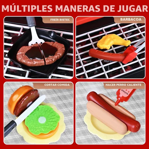 Miniatura 3 de Juguetes de cocina para niños, juego de parrilla de barbacoa para niños con humo, sonido y luz, juguete de barbacoa de 2 niveles con rueda, juguetes