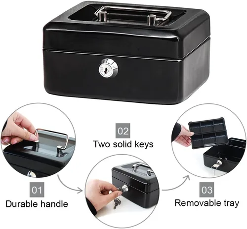 Miniatura 4 de Decaller - Caja de dinero pequeña con cerradura de llave, caja de dinero de metal portátil con doble capa y 2 llaves para seguridad, negro, 6 x 4