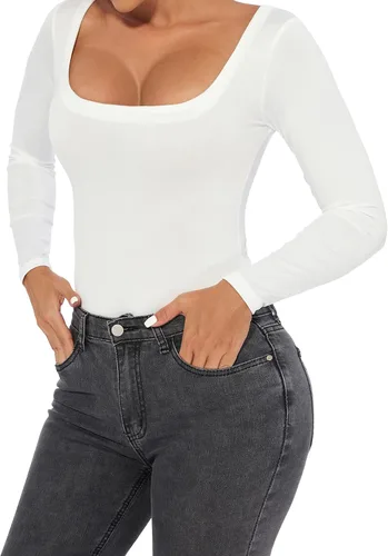 Miniatura 4 de Quzzion Womens Long Sleeve Bodysuit Scoop Neck Square Neck Sexy Tops Body Suits Casual T Shirts Bodysuit Jumpsuit