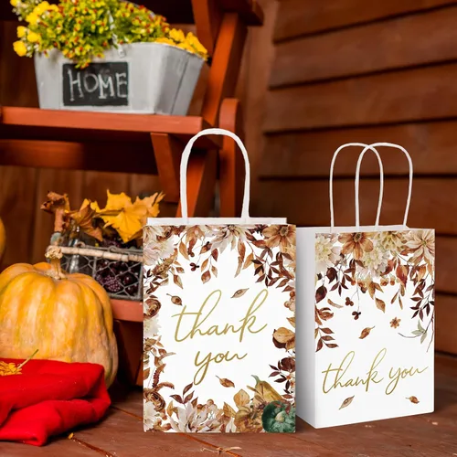 Miniatura 7 de AnyDesign 12 bolsas de regalo de agradecimiento de hojas de otoño con asa, bolsa de papel de otoño de lámina dorada para Acción de Gracias, boda