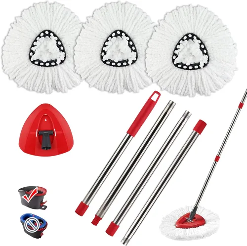 Miniatura 9 de Cabezal de repuesto para trapeador giratorio con 1 base giratoria y 1 mango. Recambios de fregona EasyWring compatibles con SpinMop triangular