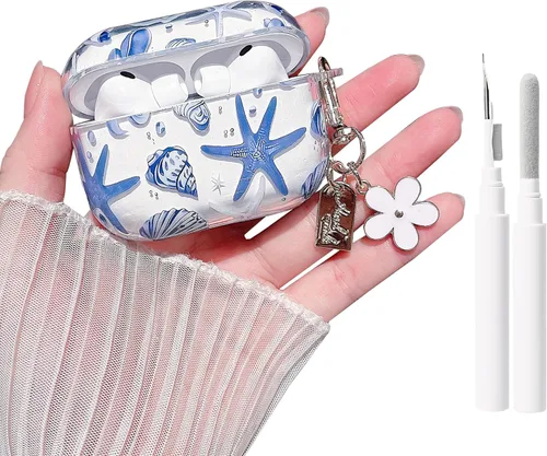 Miniatura 17 de MINSCOSE Compatible con AirPods Pro de 2ª/1ª generación, bonito diseño de patrón de conchas y estrellas de mar con llavero, funda protectora de TPU