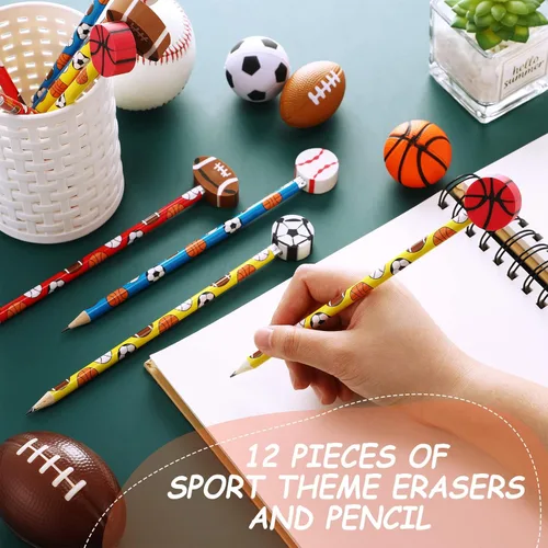 Miniatura 2 de Chivao Juego de 36 lápices deportivos y borradores para niños, béisbol, fútbol, fútbol, deportes, recuerdos de fiesta para estudiantes, papelería