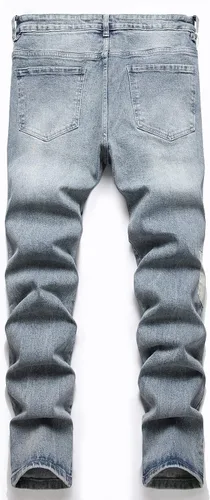 Miniatura 2 de FREDD MARSHALL Pantalones de mezclilla lavados estilo motociclista estilo hip hop, rasgados, desgastados, rasgados, desgastados, para hombre