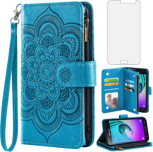 Asuwish Compatible con Samsung Galaxy J3 2016/J 3 V/J36V/Sky/Amp Prime Funda tipo cartera y protector de pantalla de vidrio templado con tapa para