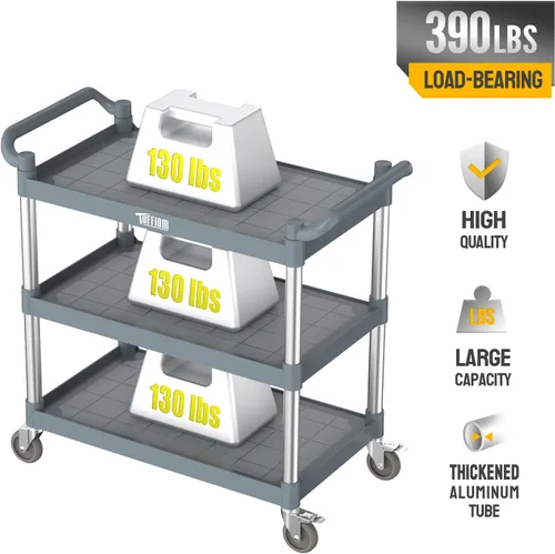 Miniatura 6 de TUFFIOM Carrito de servicio de plástico con ruedas, resistente capacidad de 450 libras, enrollado comercial de 3 niveles, ideal para restaurante