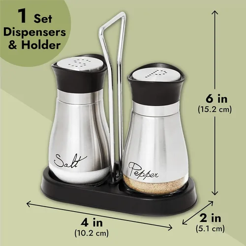 Miniatura 5 de Set de salero y pimentero – Alto grado de acero inoxidable con fondo de vidrio y 4 pies de altura – 4 x 6 x 2 pulgadas 4 onzas.