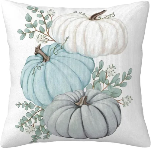 Fundas de almohada de otoño de 20 x 20 pulgadas con hojas de eucalipto y calabazas, funda de almohada decorativa para otoño, granja, cosecha, Hojas