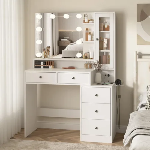 Miniatura 2 de Fameill Escritorio de maquillaje blanco con espejo y luces, mesa de tocador con tira de alimentación y espejo iluminado, mesa de maquillaje grande