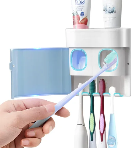 Soporte para cepillos de dientes, dispensador de pasta de dientes montado en la pared con tapa, 4 ranuras, organizador de almacenamiento de cepillos