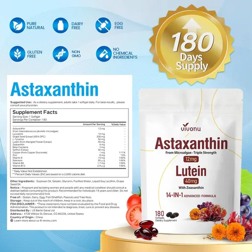 Miniatura 7 de VivoNu Luteína 40 mg con zeaxantina + astaxantina 12 mg - Soporte ocular 14 en 1 y suplemento antioxidante - Licopeno, semilla de uva y vitamina E