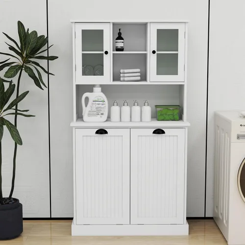 Miniatura 3 de Cesto de Ropa Sucia Alto con Puertas Dobles Abatibles, Gabinetes Grandes de Almacenamiento Extraíbles para Cuarto de Lavado, Gabinete de Baño