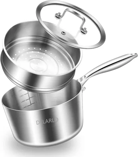 Miniatura 11 de DELARLO Cacerola de Acero Inoxidable Tri-Capa para Todo el Cuerpo de 3 Cuartos con Tapa, Apta para Horno 600℉, Sartén Saucier Resistente de 3