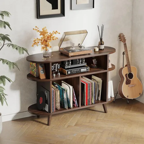 Miniatura 9 de LIVEHOM Soporte redondo grande para tocadiscos, armario de almacenamiento de discos de madera, soporte para discos de vinilo con área