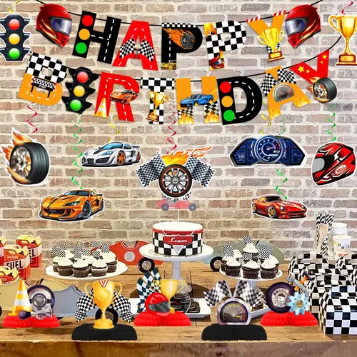 Miniatura 7 de LARRAZABAL Decoraciones de fiesta de cumpleaños de coche de carreras, decoraciones de fiesta de coche de carreras incluyen pancarta de coche
