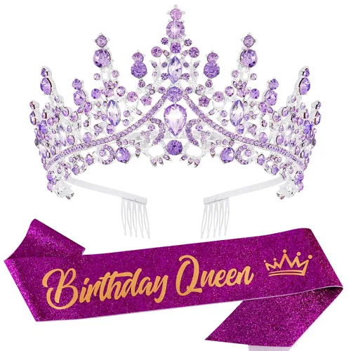 Miniatura 10 de VELSCRUN Coronas de Reina de Cumpleaños para Mujeres y Niñas, Corona de Princesa, Diadema de Cumpleaños, Fajas, Decoraciones para Fiestas, Regalo