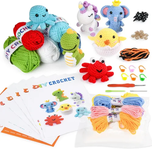 Miniatura 9 de MINGOMINGO Kit de ganchillo para principiantes y niños, 6 animales amigurumi, juego de regalo de manualidades para el día de la madre, tutoriales