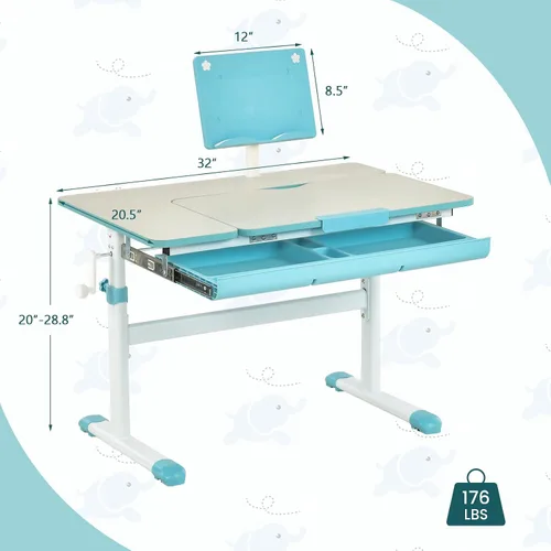 Miniatura 3 de Costzon Escritorio para niños, mesa de estudio ergonómica de altura ajustable para niños con escritorio inclinable y soporte para libros, cajón