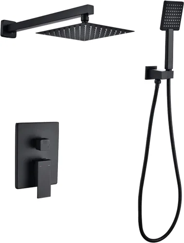 Juego de grifo de ducha tipo lluvia para baño, ducha de cabeza cuadrada de 8 pulgadas color negro mate con cabezal de ducha de mano, válvula de