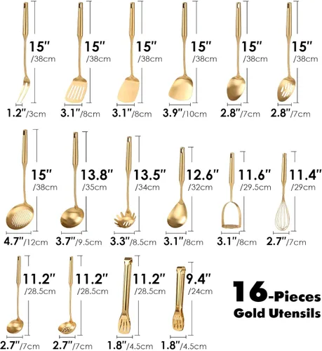 Miniatura 2 de Juego de Utensilios de Cocina Dorados – Juego de Cucharas Pequeñas y Grandes de Acero Inoxidable 18/10, 16 PIEZAS Herramientas de Cocina Totalmente