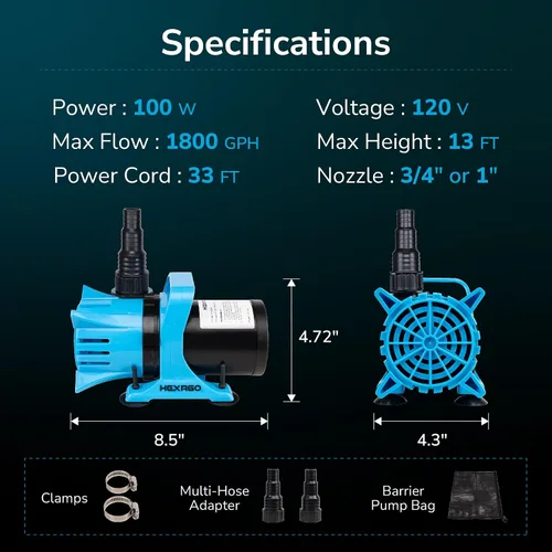 Miniatura 2 de Hexago Bomba de agua sumergible de 1800 GPH, bomba de estanque de agua de 100 W con bolsa de barrera, cable de alimentación de 33 pies, bombas