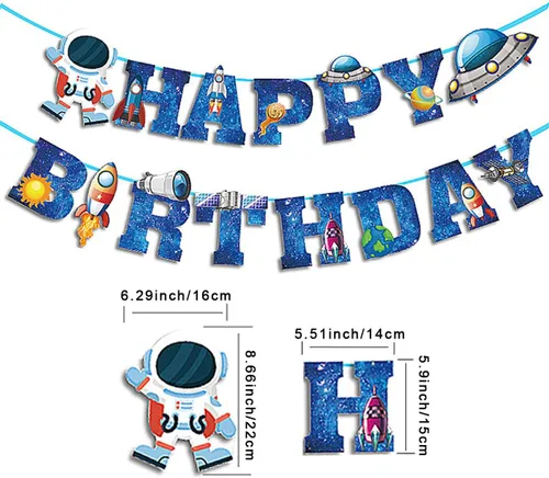 Miniatura 3 de Cartel de feliz cumpleaños de astronauta de la nave espacial para niños, decoración de fiesta de cumpleaños, color azul