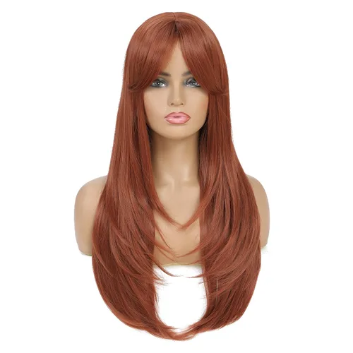 Miniatura 12 de SWACC Peluca de pelo sintético con flequillo largo en capas para mujeres con gorra de peluca (negro)