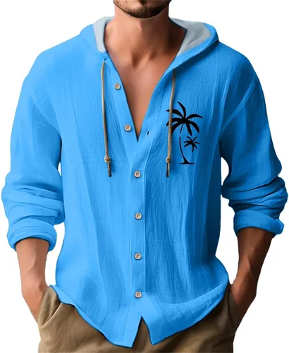 Miniatura 15 de Camisas de manga larga con botones para hombre, camisa con capucha a rayas verticales, casual, para vacaciones, verano, ligera, con cordón Z21