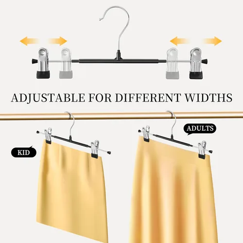 Miniatura 4 de Paquete de 10 perchas resistentes de 12 pulgadas para faldas y pantalones con clips, perchas de metal para pantalones de mezclilla, color negro