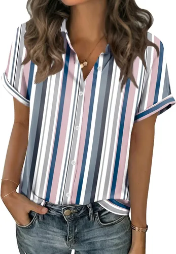 Miniatura 12 de Zeagoo Blusas de verano de manga corta para mujer, camisas casuales con botones, blusas de trabajo de negocios sólidas/a rayas