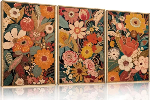 Miniatura 54 de Aryroi Juego de arte de pared en lienzo abstracto grande con marco floral, estilo bohemio, retro, neutro, flores silvestres, arte botánico de flores