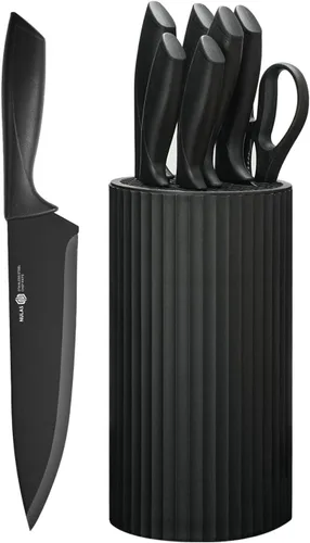 Juego de cuchillos de cocina de 8 piezas con bloque universal, cuchillos de chef antioxidantes, diseño ergonómico, apto para lavavajillas (negro)