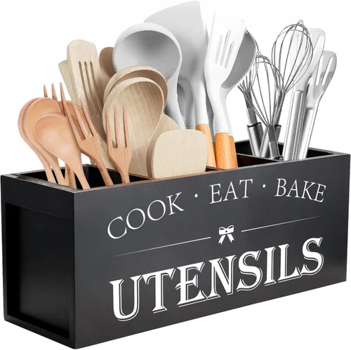 Suli Soporte extra grande para utensilios de cocina con 4 compartimentos, organizador de utensilios de madera para encimera de cocina, decoración de
