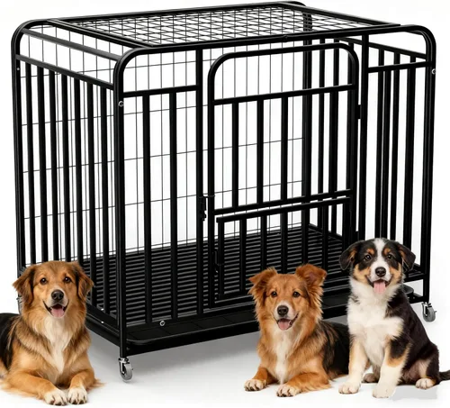 48 Inch High Anxiety Steel Dog Cage with Wheels, Indoor Dog Crate with Removable Tray, Indestructible Escape Proof Heavy Duty Dog Kennel Extra Large
