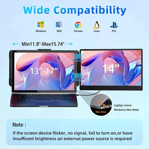 Miniatura 3 de Monitor de viaje con extensor de pantalla para laptop, monitor portátil dual de 14 pulgadas, IPS FHD 1080P, trabajo de viaje, pantalla adicional